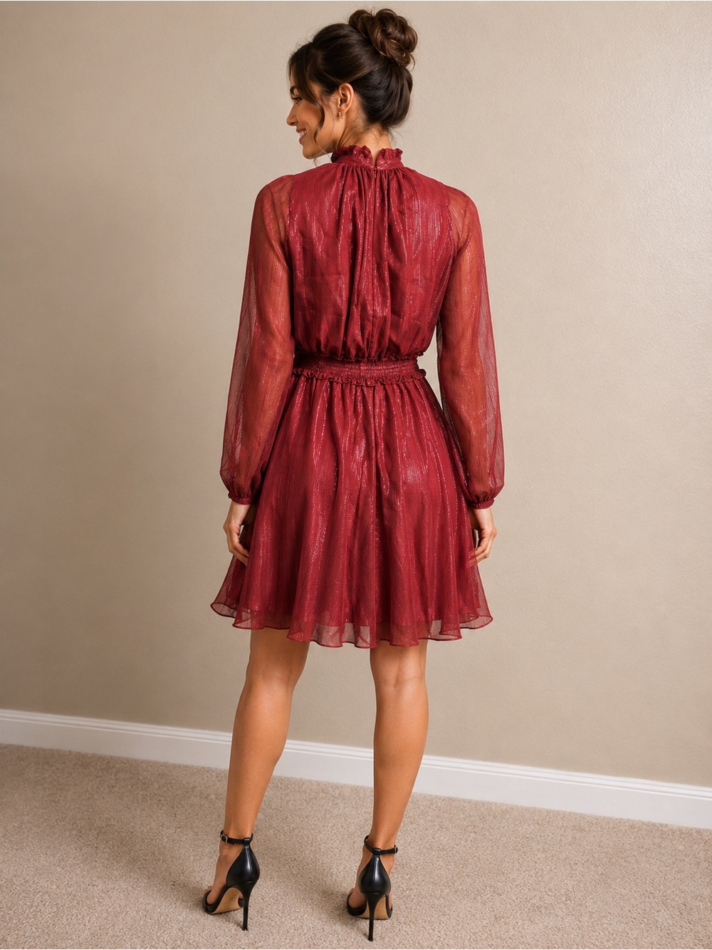 Longchamp Burgundy Sheer Lined High-Neck Fit and Flare Dress NWT - Picture 4 of 5